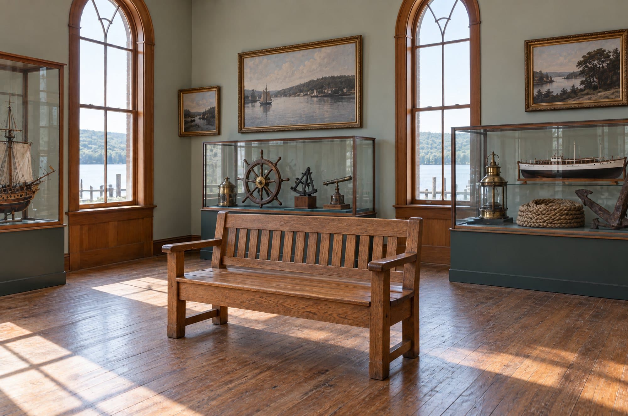 A wooden bench in the middle of The Landing gallery, between cases of ship models and brass instruments.
