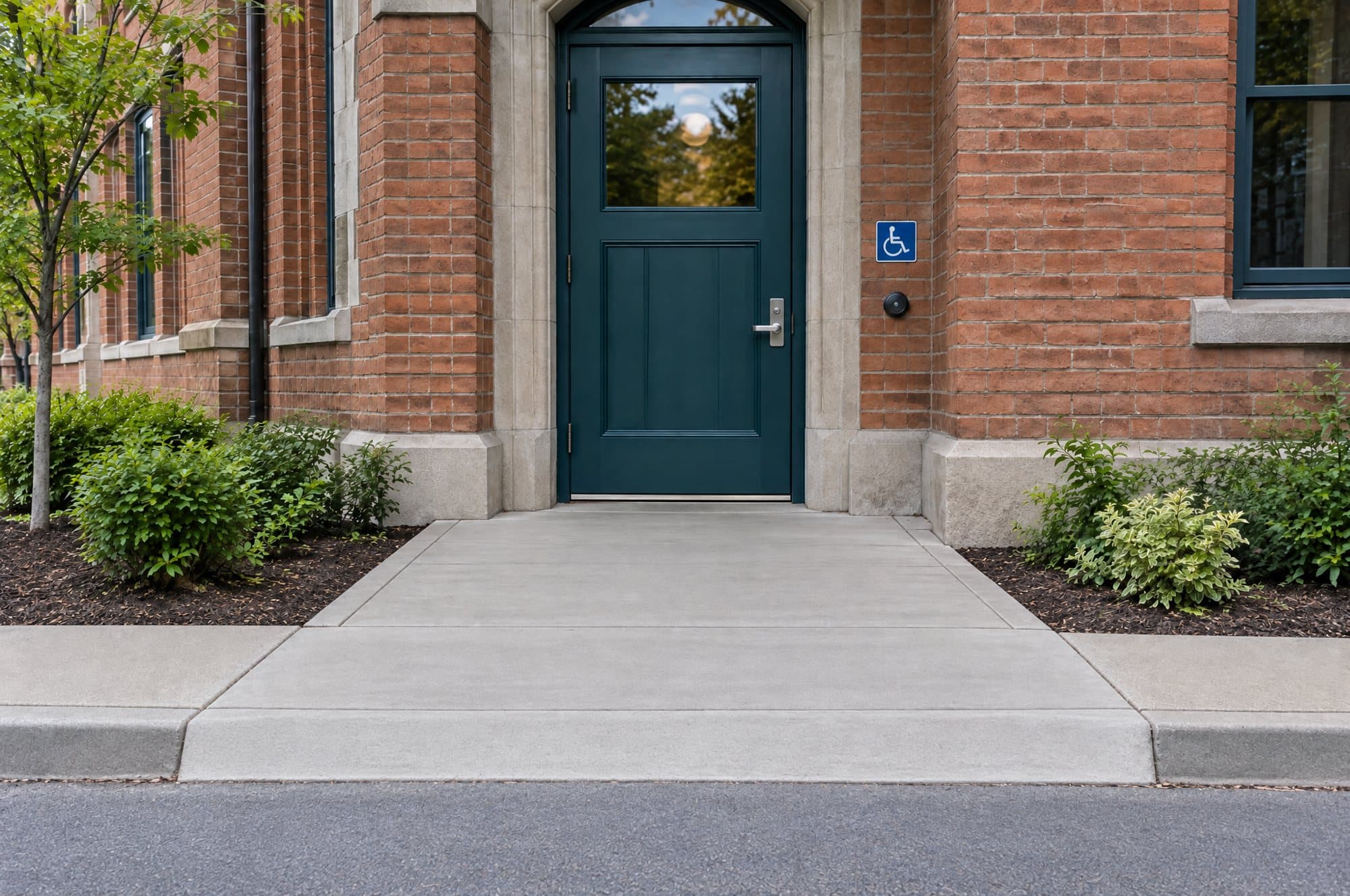 The side door on Mill Street: a teal door in the brick wall, reached by a level concrete path from the street, with an accessible sign and a doorbell beside it.