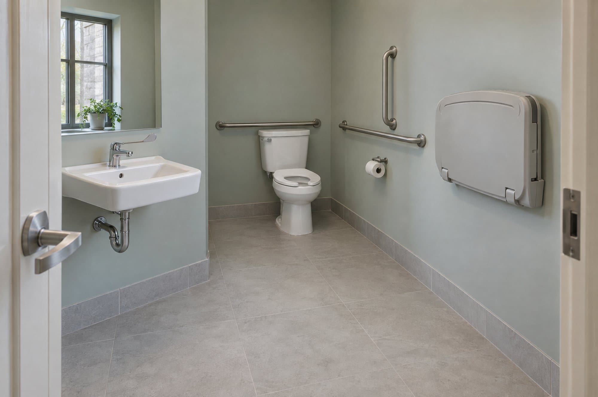 The accessible washroom: a wall-mounted sink with a lever tap, grab bars beside the toilet and a fold-down change table.