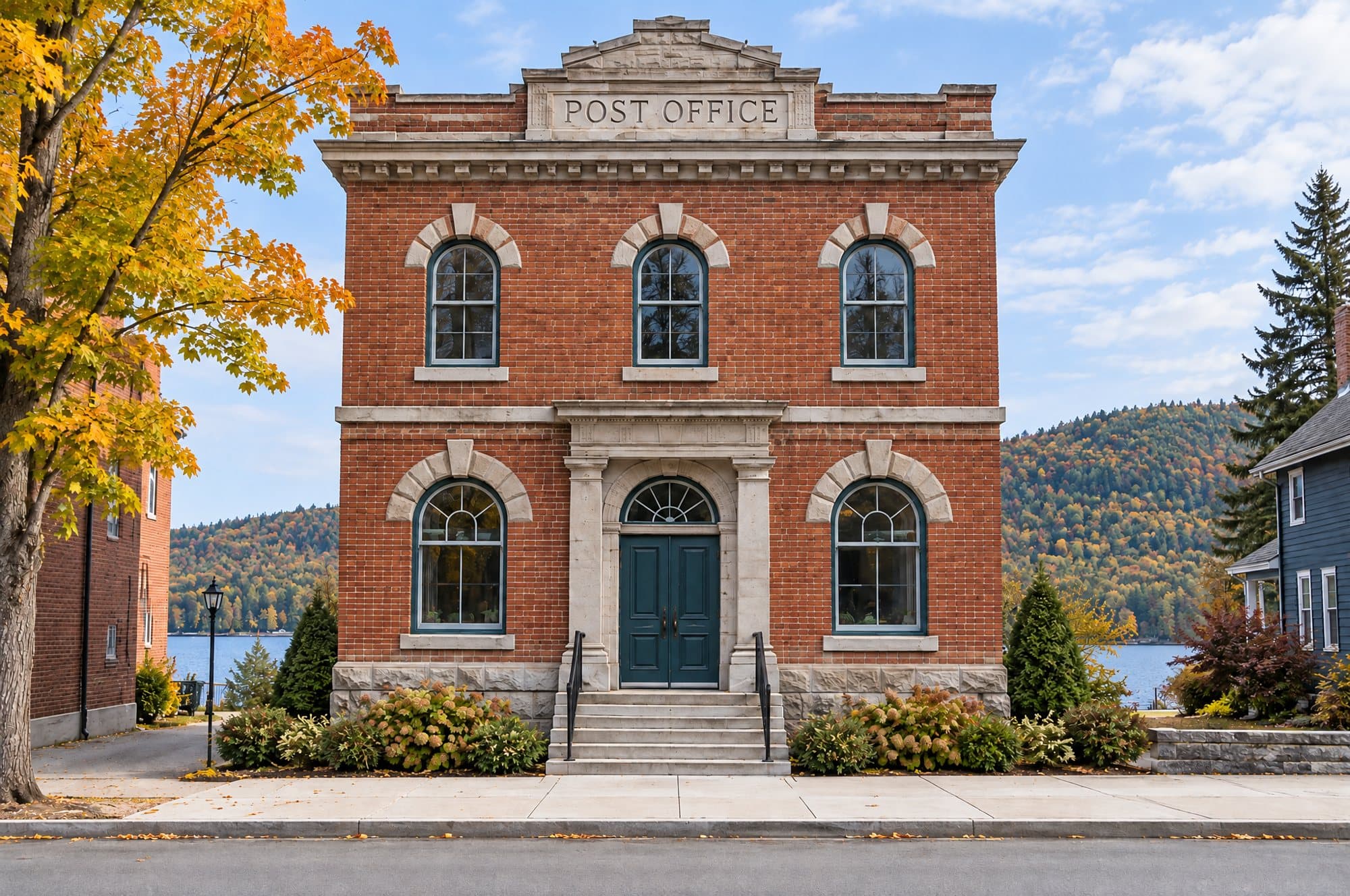 The 1912 brick post office on Main Street, now the Marrick Museum, with POST OFFICE carved across the top of the front.
