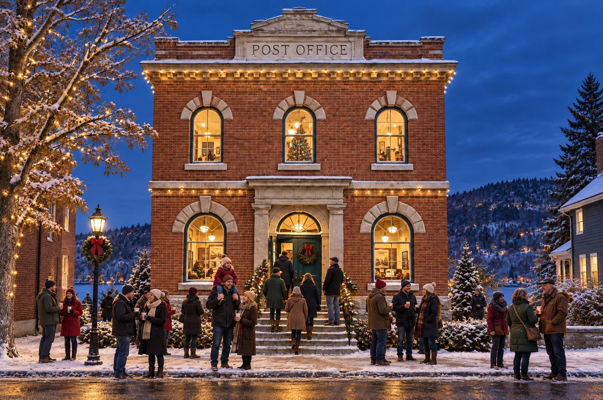 The brick post office lit for Christmas at dusk, with snow on the steps and neighbours holding cups outside the green front doors.