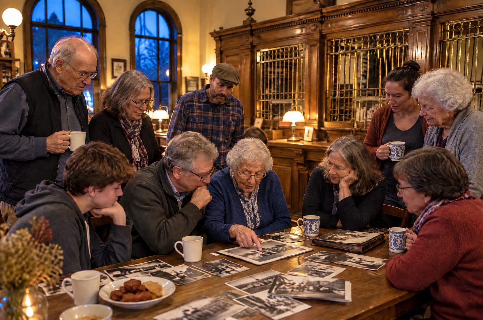 Neighbours around a table in the counter hall at night, with coffee and squares, pointing at old black and white photographs.