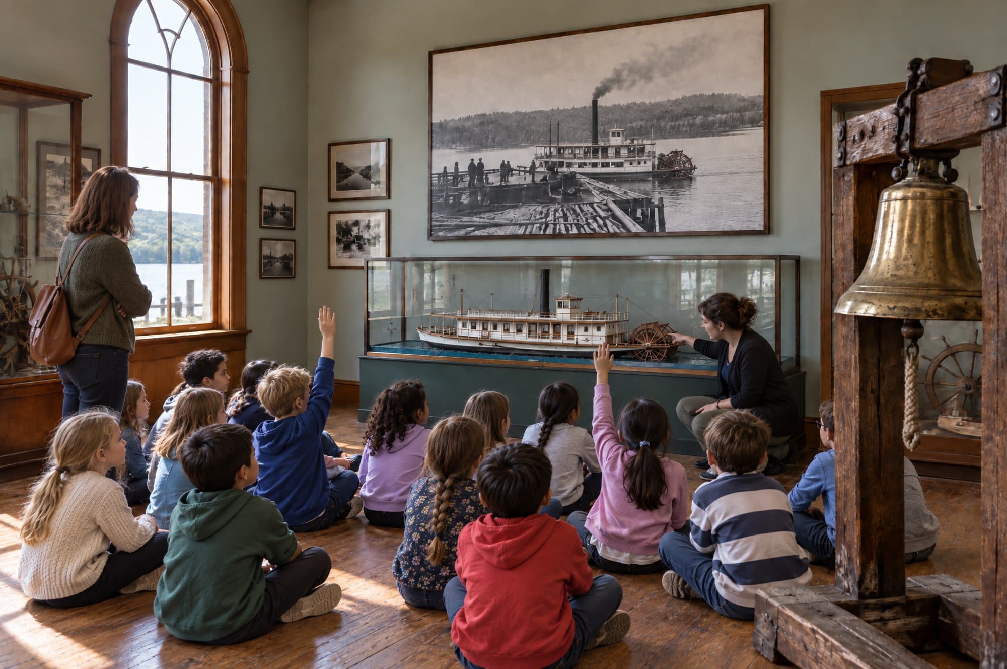 A class of young children sitting on the wooden floor of The Landing gallery, hands up, while a museum educator points at the steamboat model. The ship's bell stands to the right.