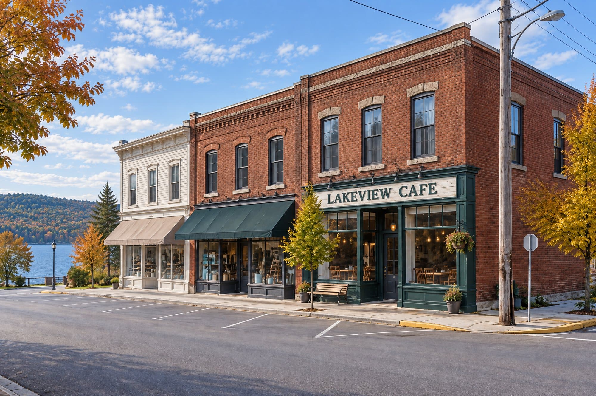 The Lakeview Cafe corner on Main Street today: brick shopfronts, green trim, autumn trees and the lake at the end of the street.