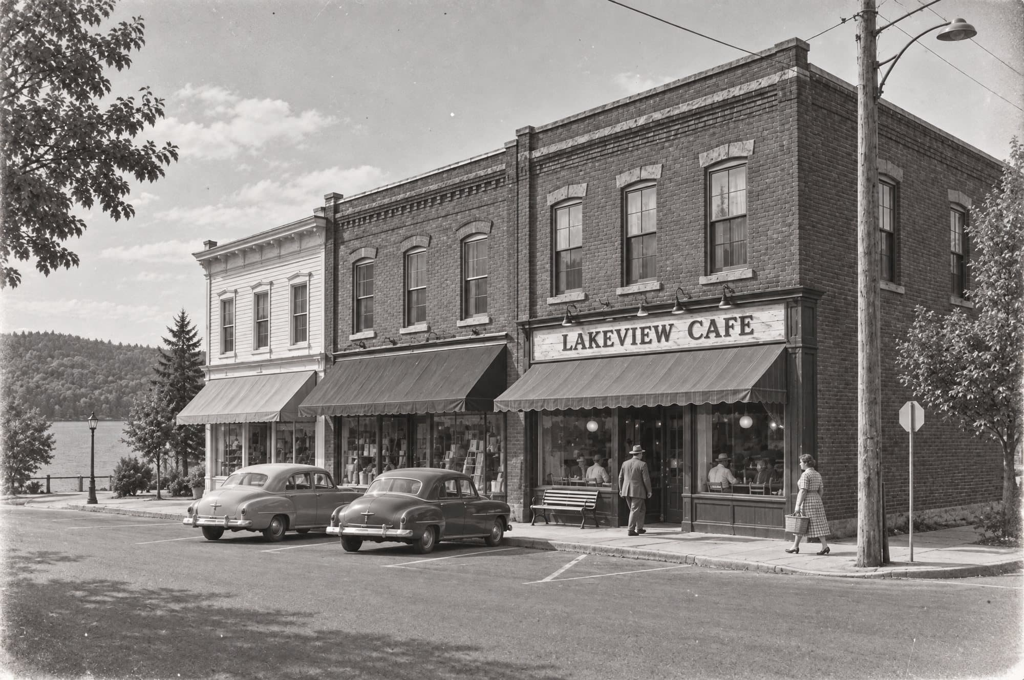 The Lakeview Cafe corner in 1952: striped awnings, two parked sedans and diners in the cafe window, with the lake beyond.
