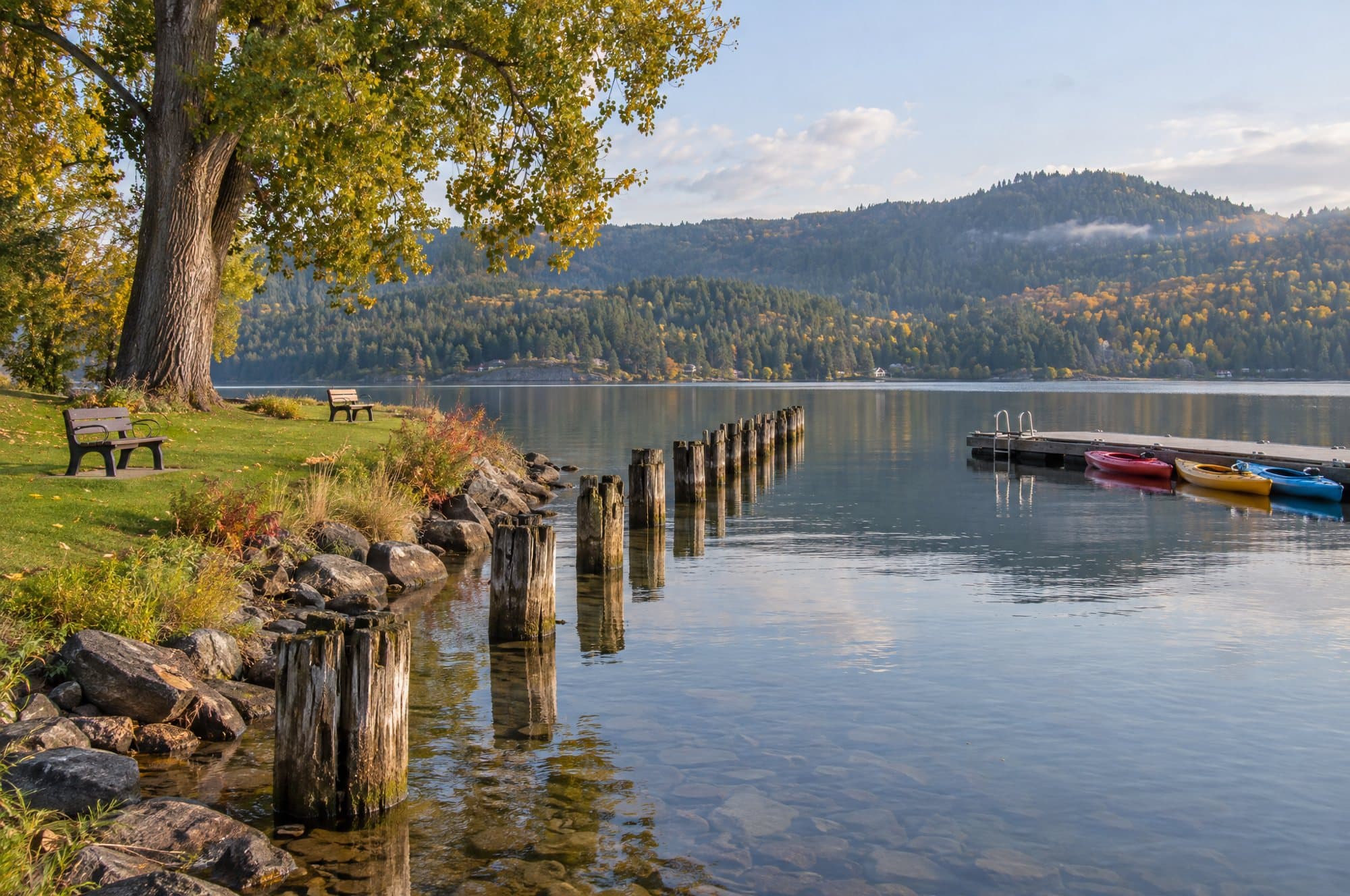 The landing today: only the old wharf pilings stand in the water, beside a lawn with benches and a small dock with kayaks.
