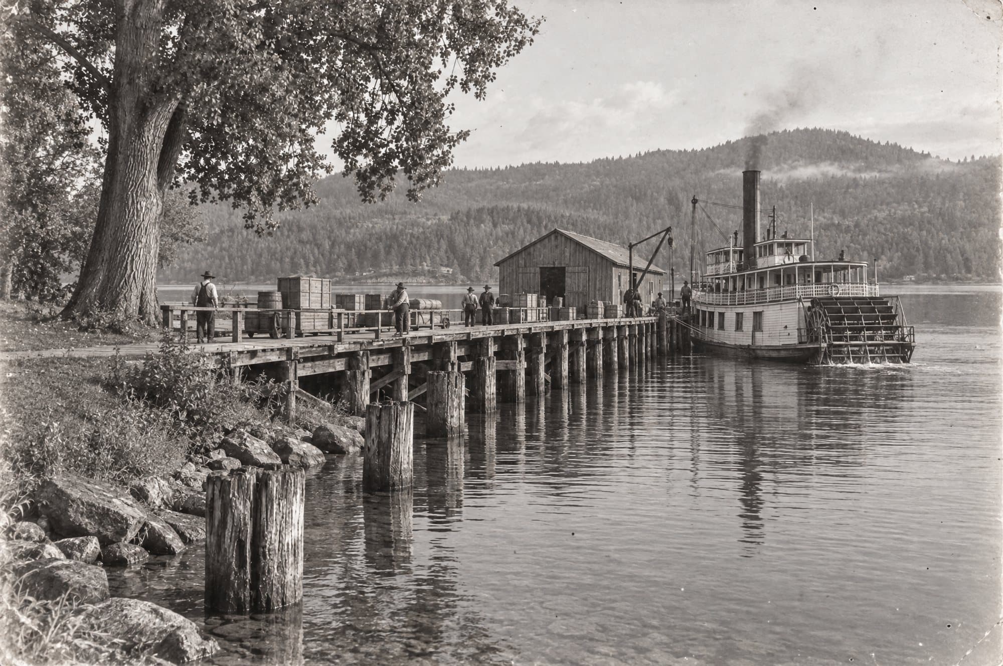 The landing in 1912: the SS Wenlock, a sternwheeler, tied up at a long wooden wharf with men moving crates and barrels by the freight shed.
