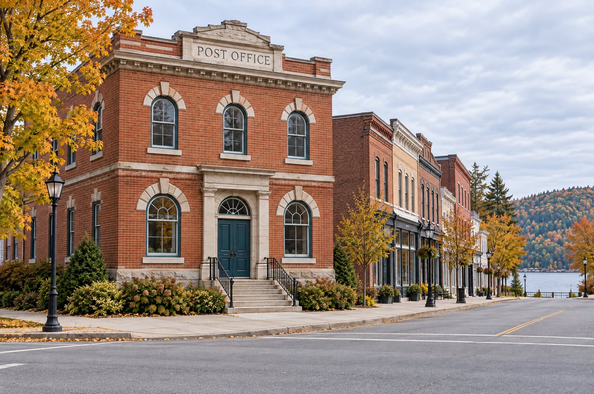 The same corner today: the post office and the brick shops of Main Street, with the lake at the end of the street.