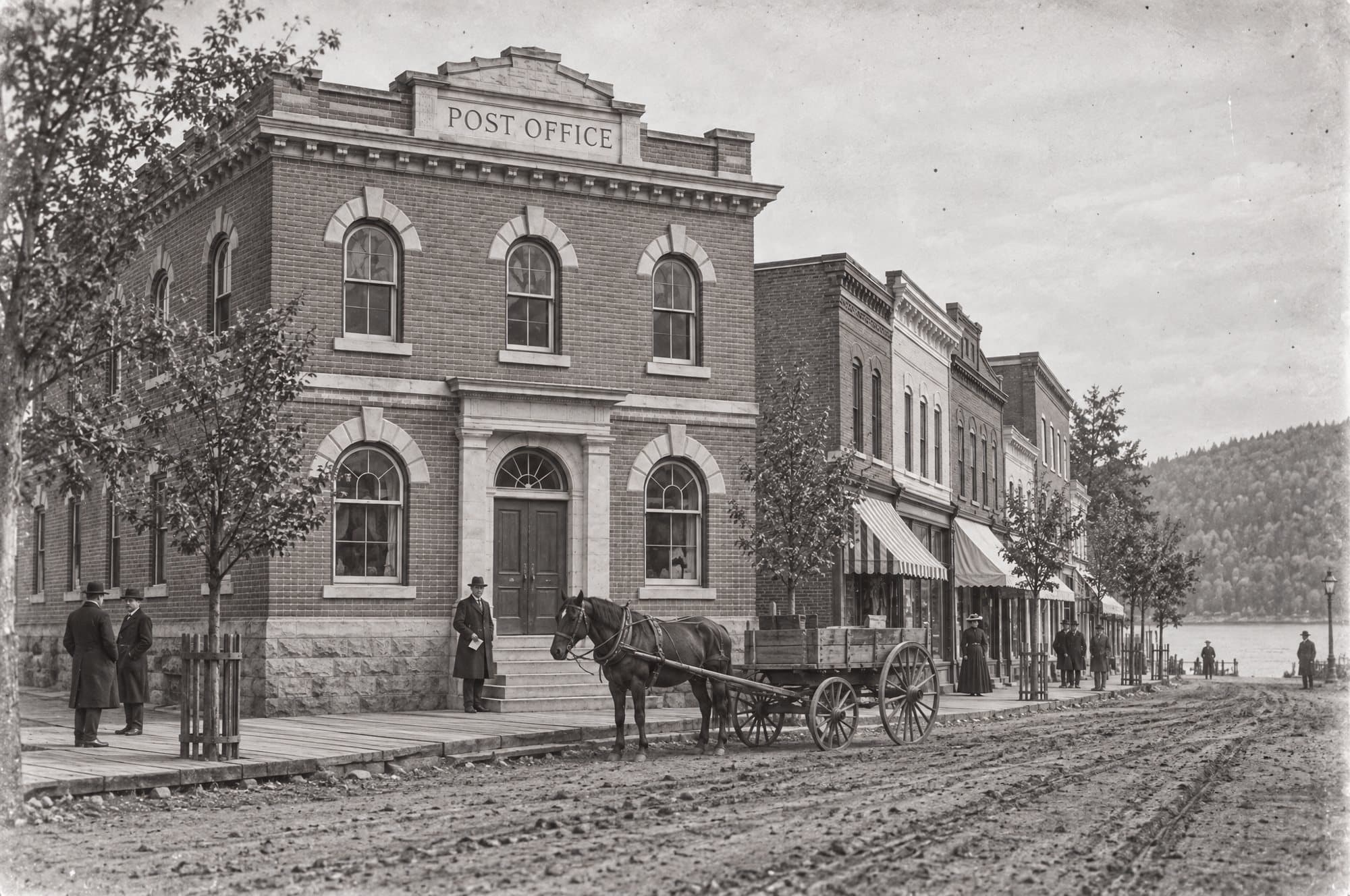 The post office corner in 1915: a dirt street, plank sidewalks and a horse and wagon outside the post office.