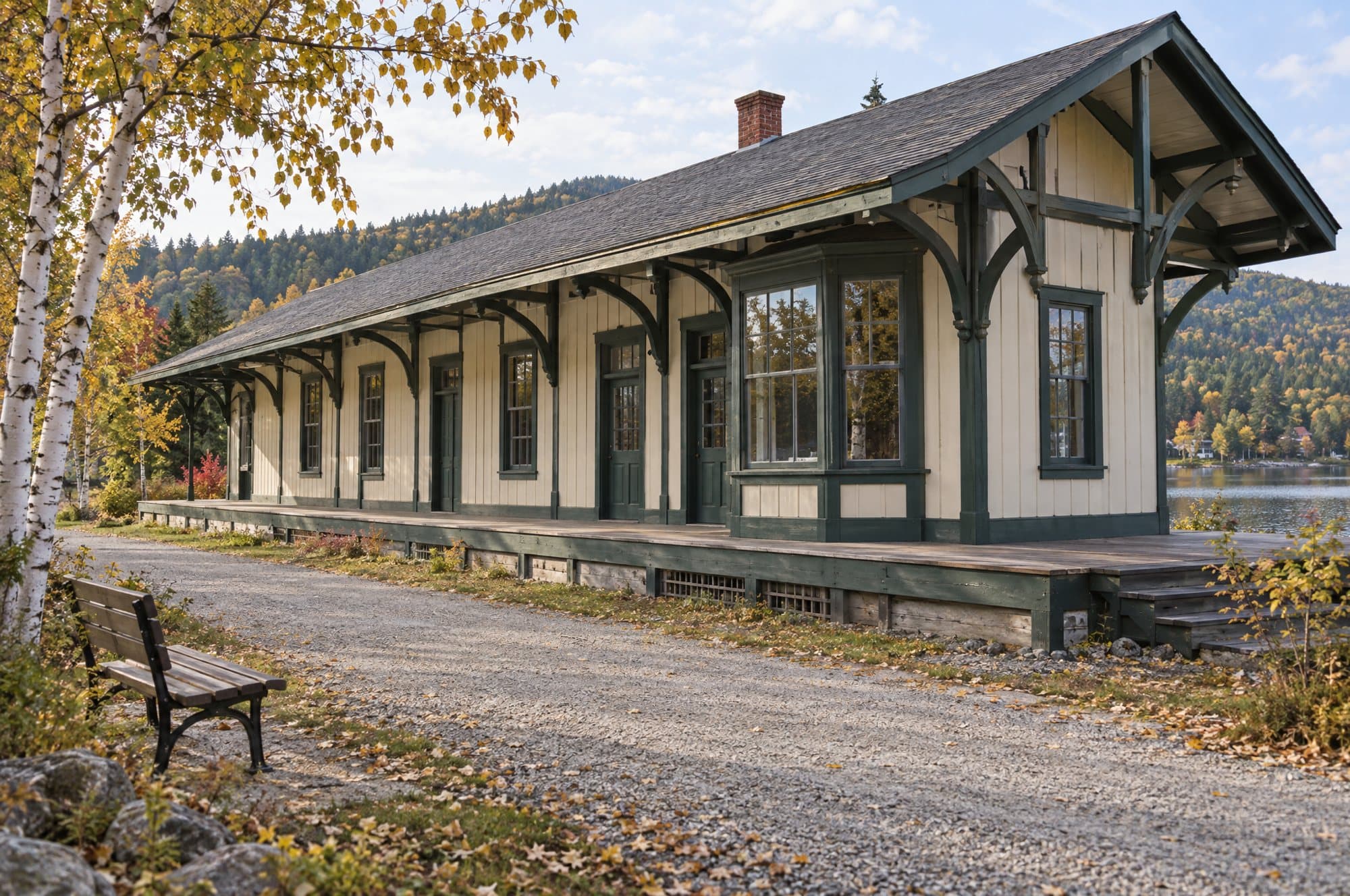The station today: restored in cream and green, with the rail bed turned into a gravel trail and a bench under the birches.
