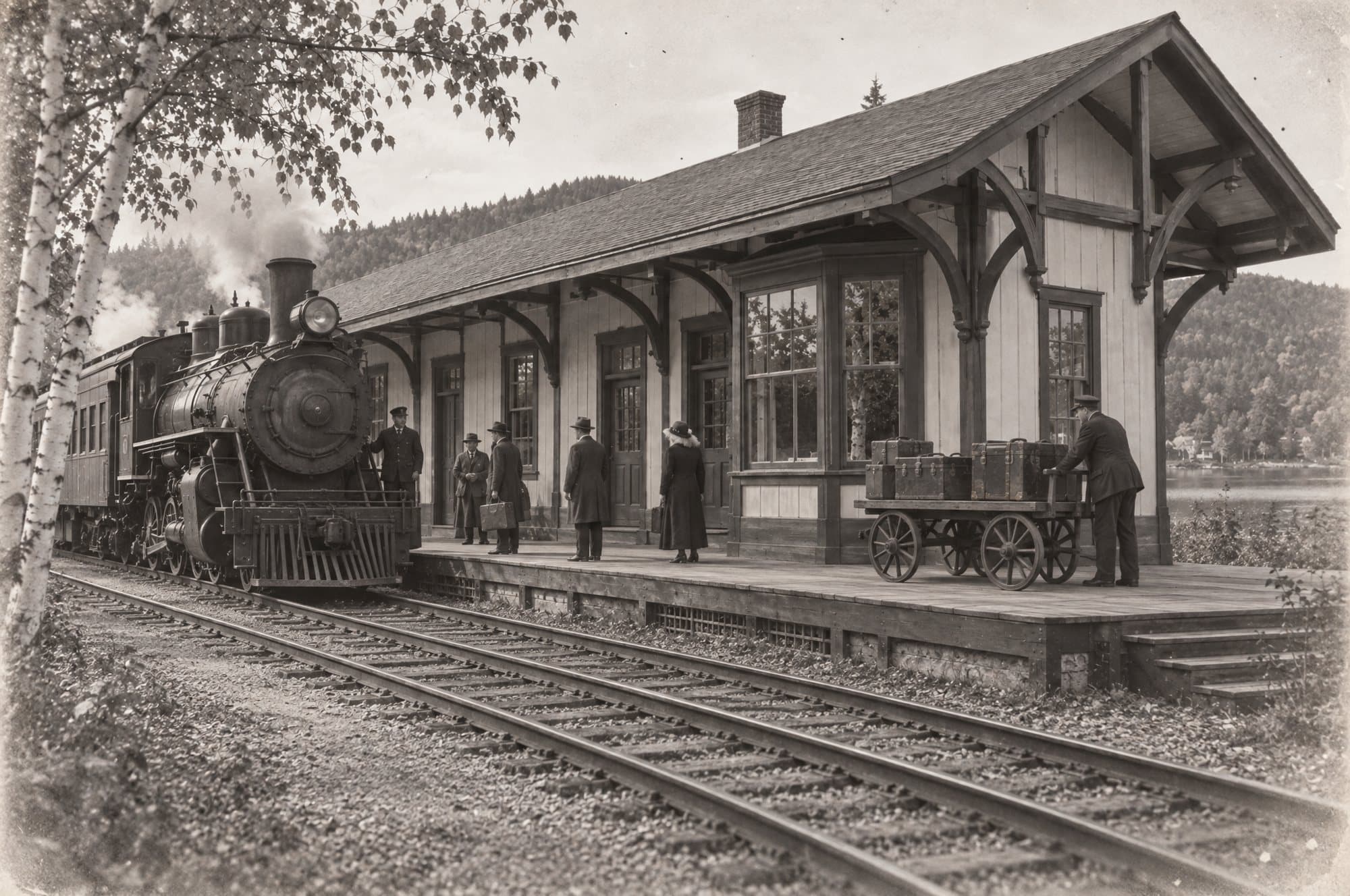 Marrick station in 1925: a steam engine at the wooden platform, passengers in long coats and a baggage cart piled with trunks.