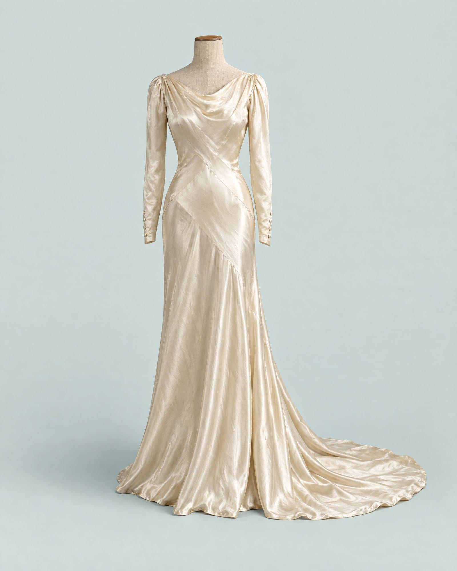 A long ivory satin wedding dress from 1934 with long sleeves and a short train, on a dress form.